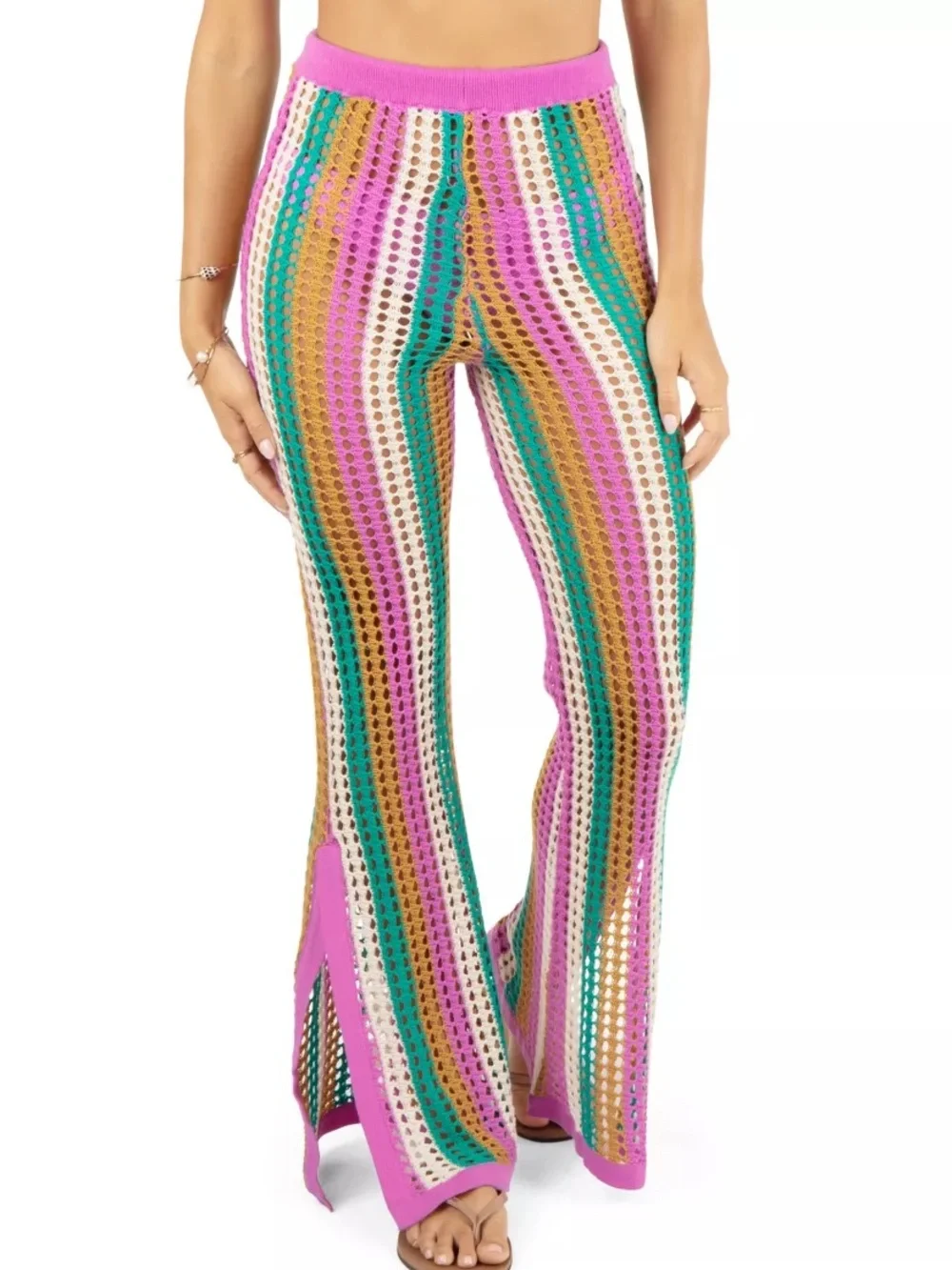 NWT Hurley Stripe Crochet Beach Pant Open Knit Swim Cover Up Flare Split Hem Lrg